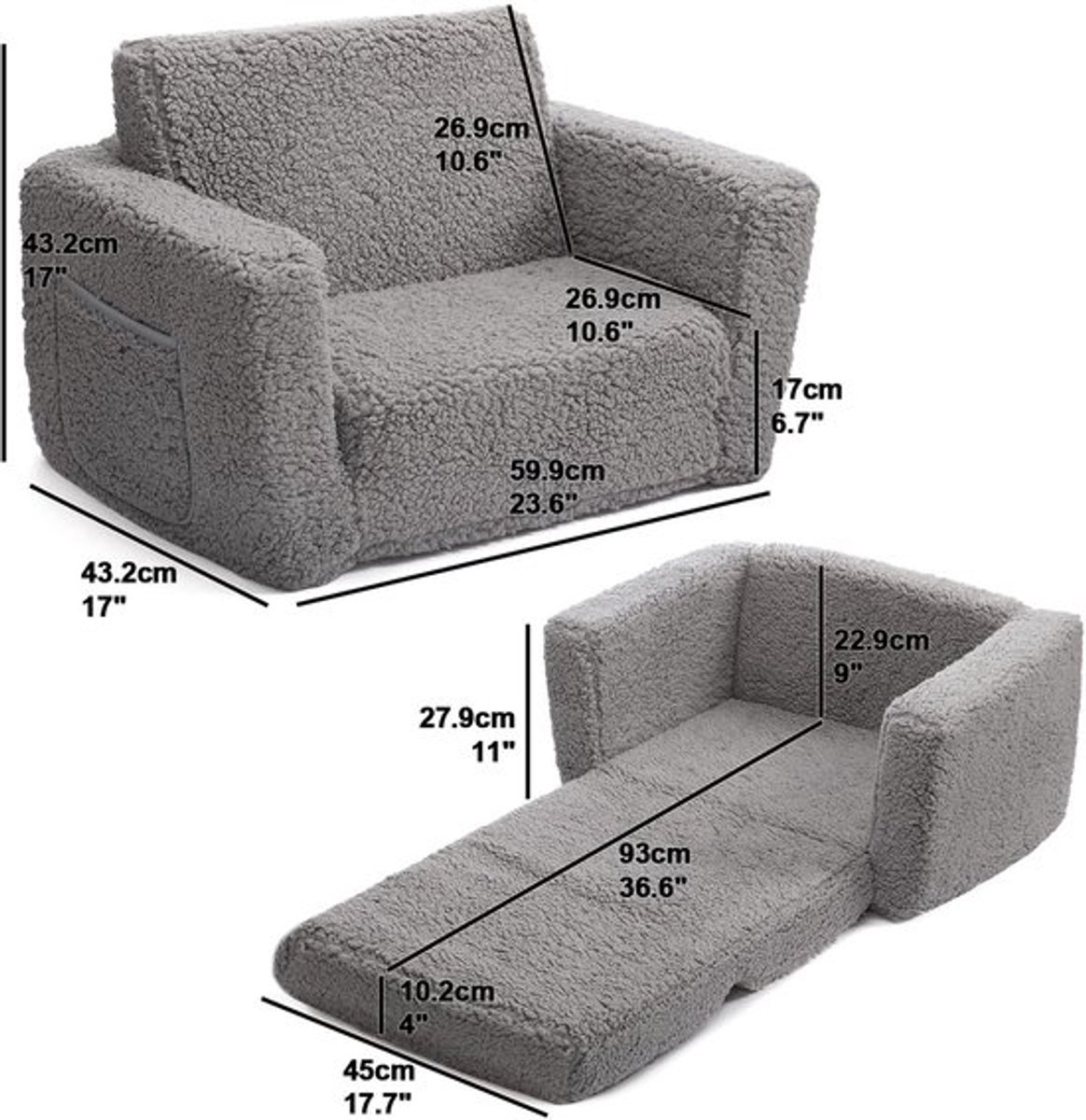Kinderslaapbank 2-in-1 - Converteerbare Bank/Ligstoel - Knuffelige Sherpa - Lichtgewicht Peuterbank - Kindercadeau - Comfortabele Kinderbank