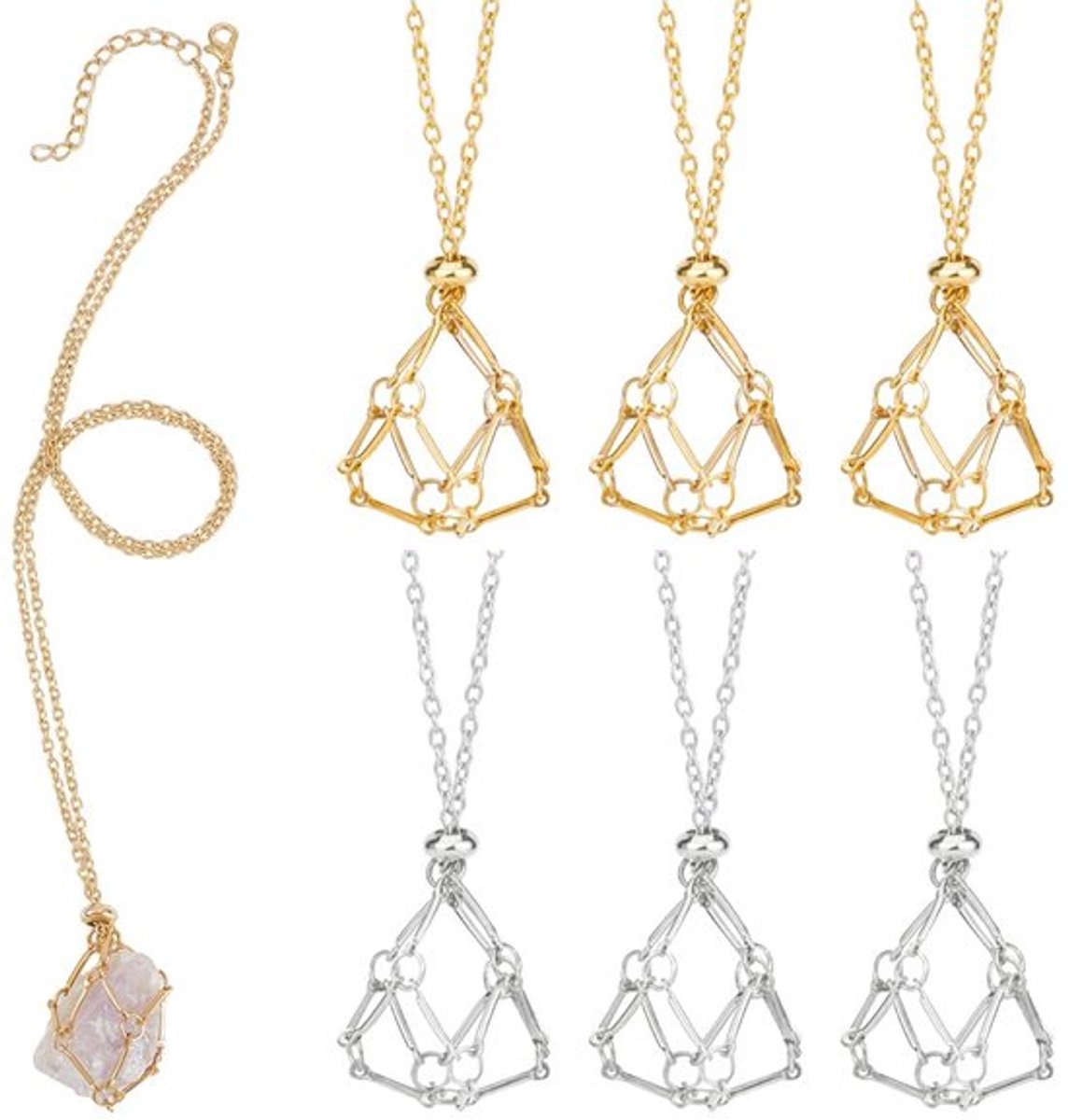 6 Stuks Crystal Holder Kettingen - 3 Goud & 3 Platina - Verstelbare Leeg Steen Kooi