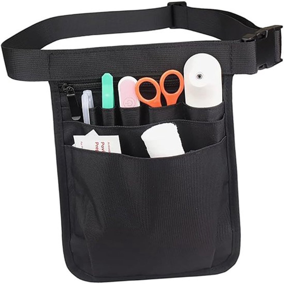 Verpleegstertas zwart - Heuptas met meerdere vakken - Buiktas - Crossbody-tas - Verstelbare riem - Nylon materiaal 25 x 18,5 cm