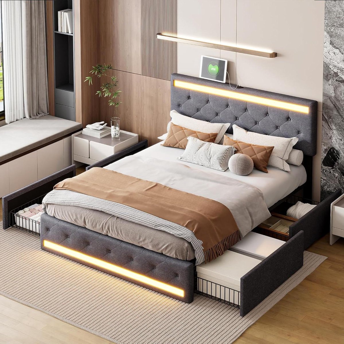 Tweepersoonsbed met Opbergruimte - Linnen Bedframe - Slaapkamer Organiseren - Geïntegreerde LED en USB - 160x200 cm - Donkergrijs