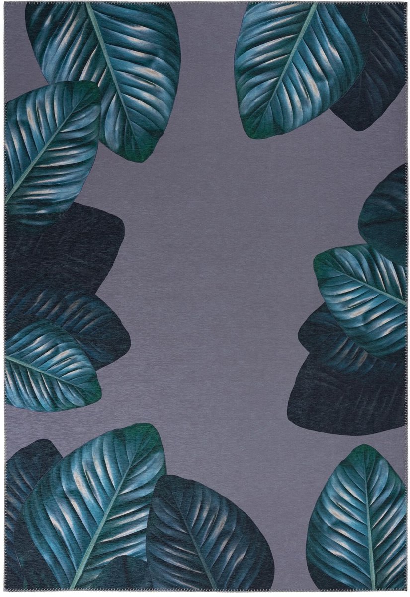 Padiro vlakgeweven vloerkleed 80 x 150 cm - zwart / groen - tropisch bladerenmotief - geschikt voor vloerverwarming - van polyester