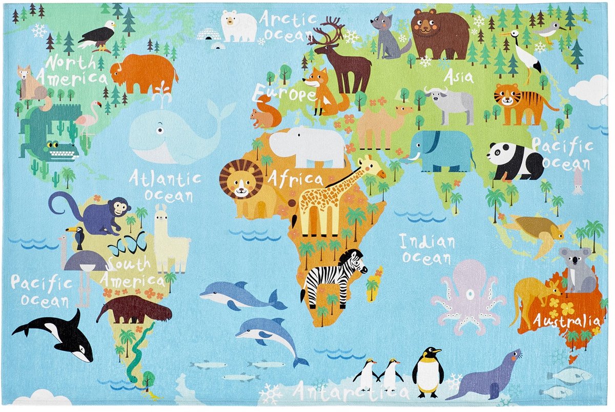 Padiro kindervloerkleed 120 x 170 cm - meerkleurig - speels kindermotief - met wereldkaartmotief - geschikt voor vloerverwarming - van polyester chenille
