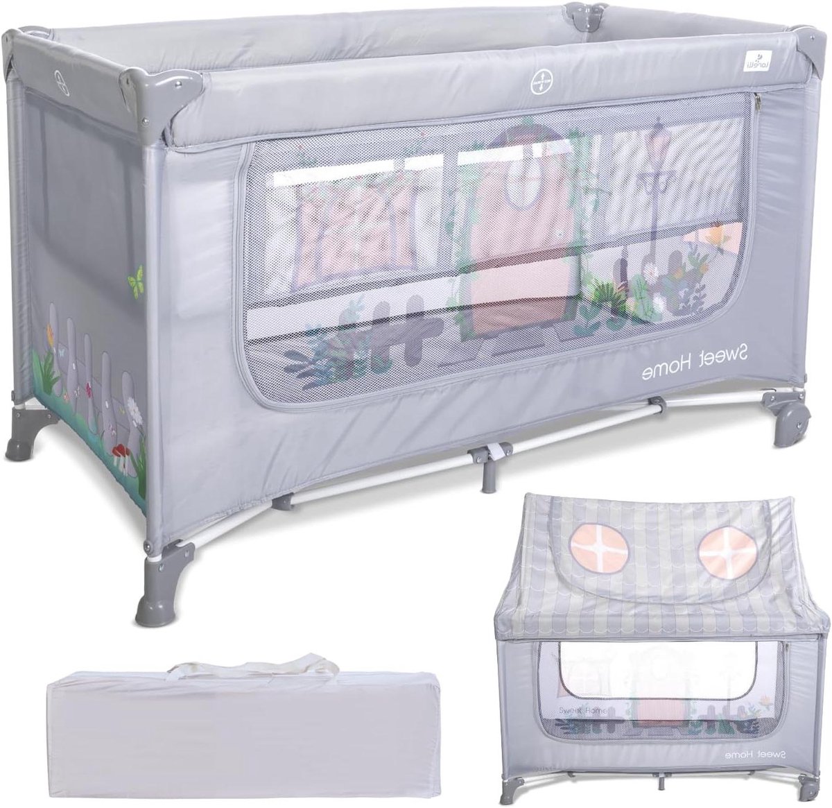 Camping Bed - Reisbedje Speeltent - Veilig Spelen - Met Dak - 127 x 70 x 122 cm - Grijs