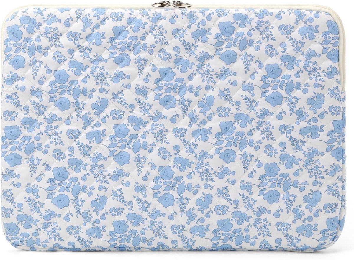 15 inch laptophoes met blauw bloemenpatroon, gewatteerde quilt stof, zachte beschermhoes voor notebook, tablet en accessoires