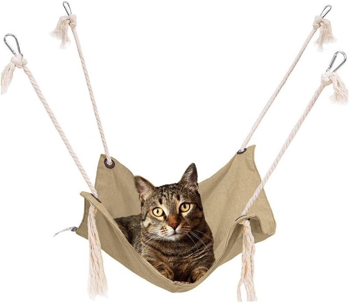Ademend Dierencage Hangmat - Hangbed voor Katten met Metaal Carabiners en Kwastjes, Geschikt voor Kittens, Konijnen en Kleine Honden (Khaki)