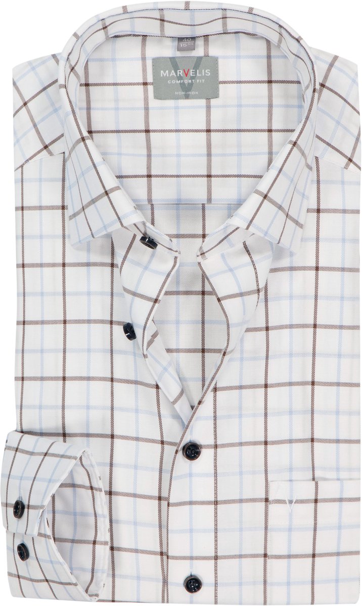MARVELIS comfort fit overhemd - popeline - wit met lichtbruin en lichtblauw geruit - Strijkvrij - Boordmaat: 46 (EU maat: XXL)