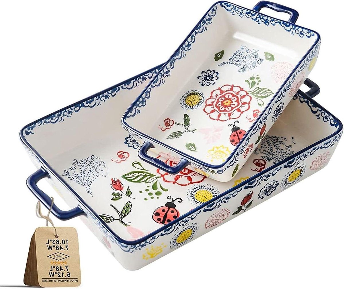 Porseleinen Taartvorm Set - Ovenschaal Rechthoekig - Bakken en Dienen - Met de hand beschilderd - Set van 2 - Blauw