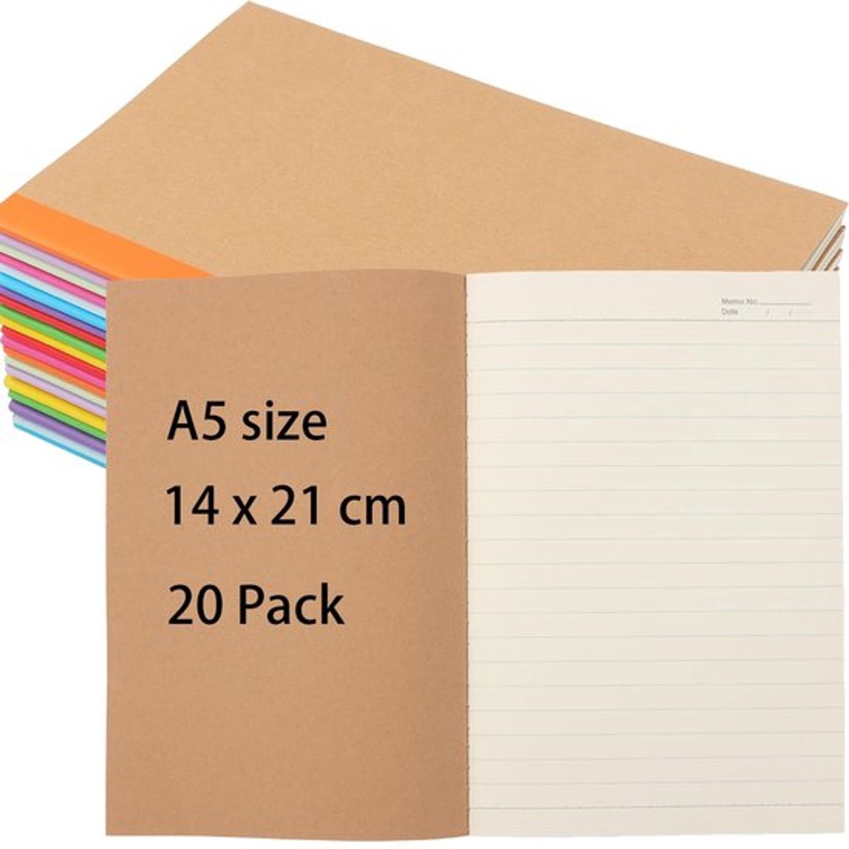 Notitieboek A5 - 20 Stuks - 60 Pagina's - Kraftpapier Omslag - Gelinieerd - Veelkleurig - Duurzaam en Betrouwbaar - Schrijfblok
