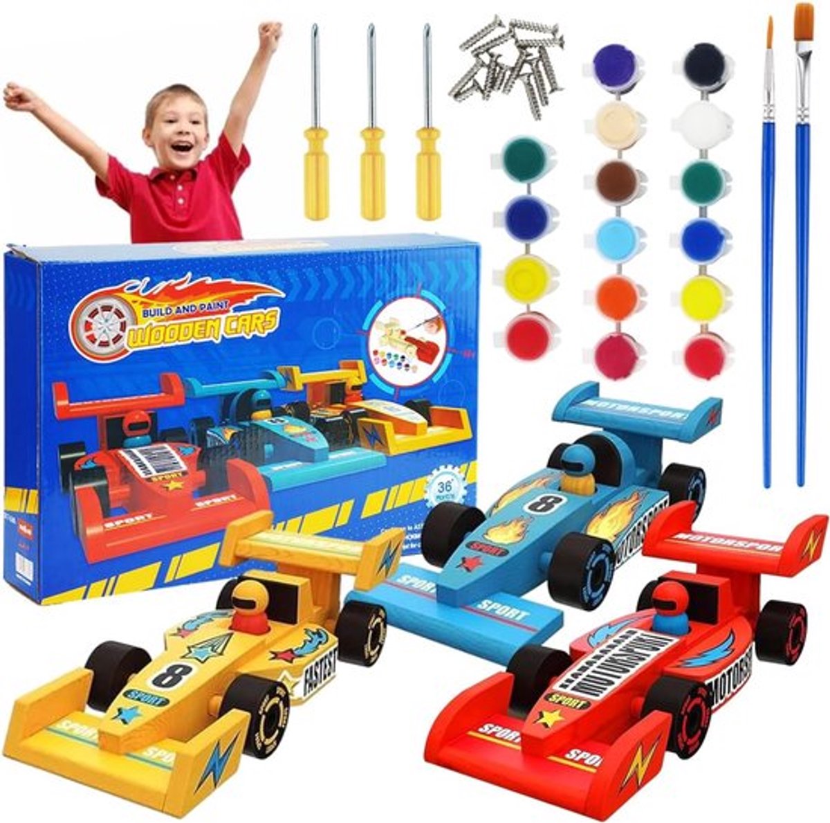 SnelShoppen - Set van 3 Houten Raceauto's - Creatieve Knutselset voor Kinderen - Voor Schilderen en Bouwen - Compleet met Stiften en Stickers - Cadeau