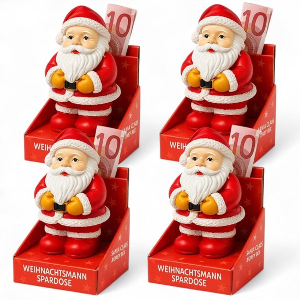 Geldgeschenkverpakking 4-delig - Handbeschilderde kerstman - Origineel cadeau-idee - Robuuste kunststeen - 6,5 cm hoog - Feestelijke verpakking - Cadeauverpakking