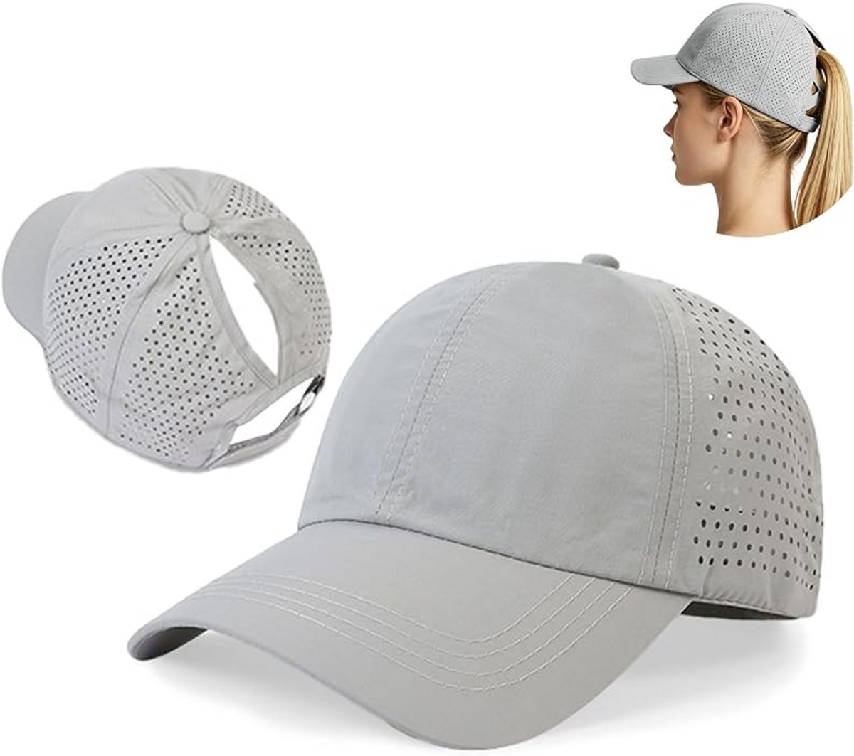 Zonbeschermende pet - ademend en verstelbaar - baseballpet voor dames met paardenstaart - waterdicht en sneldrogend - pet met hoge paardenstaart - zonnehoed voor buitensporten - zonbescherming - baseballpet - petomtrek 57 tot 58 cm - grijs