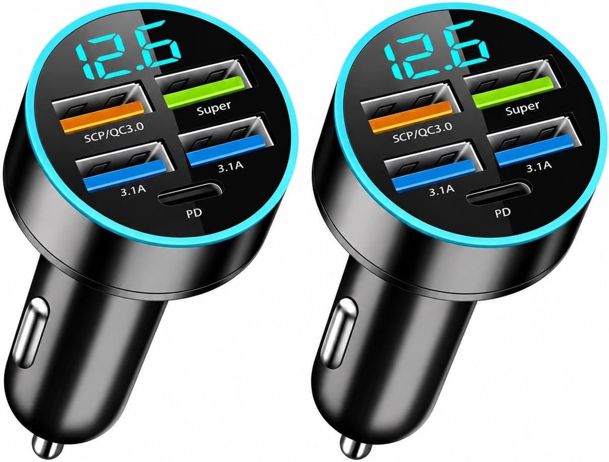 USB C Sigarettenaansteker - Zwart - Compact - 5 Poorten met Super Snel Opladen - Voor Auto