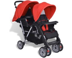 Duowagen - Tandem kinderwagen - Wandelen met twee - Dubbel zonnescherm - Tot 15 kg - Rood en zwart