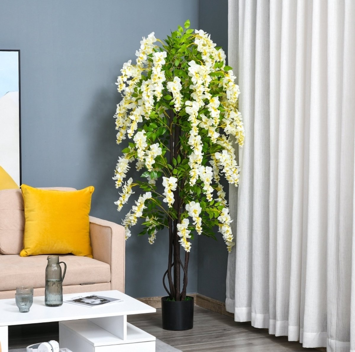 MIVRAY Kunstplant – Realistische Witte Blauweregen – 165 cm – Kunststof – Wit – Voor Binnen En Buiten – Met Pot