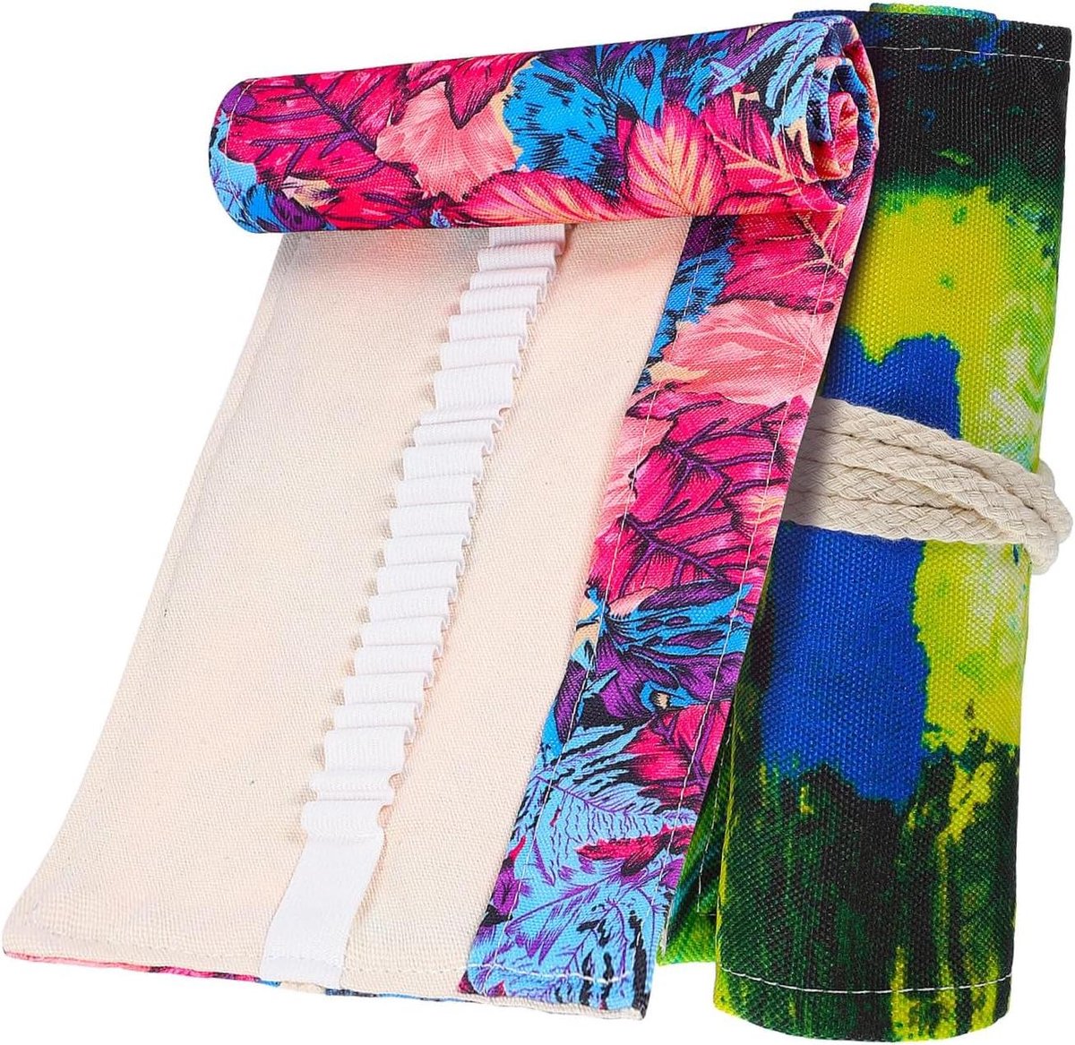 Roller Etui Canvas - Potloodhouder Opbergtas - Kunst Benodigdheden Opbergen - Meerdere Vakken Elastieken - 55 x 19.5 cm