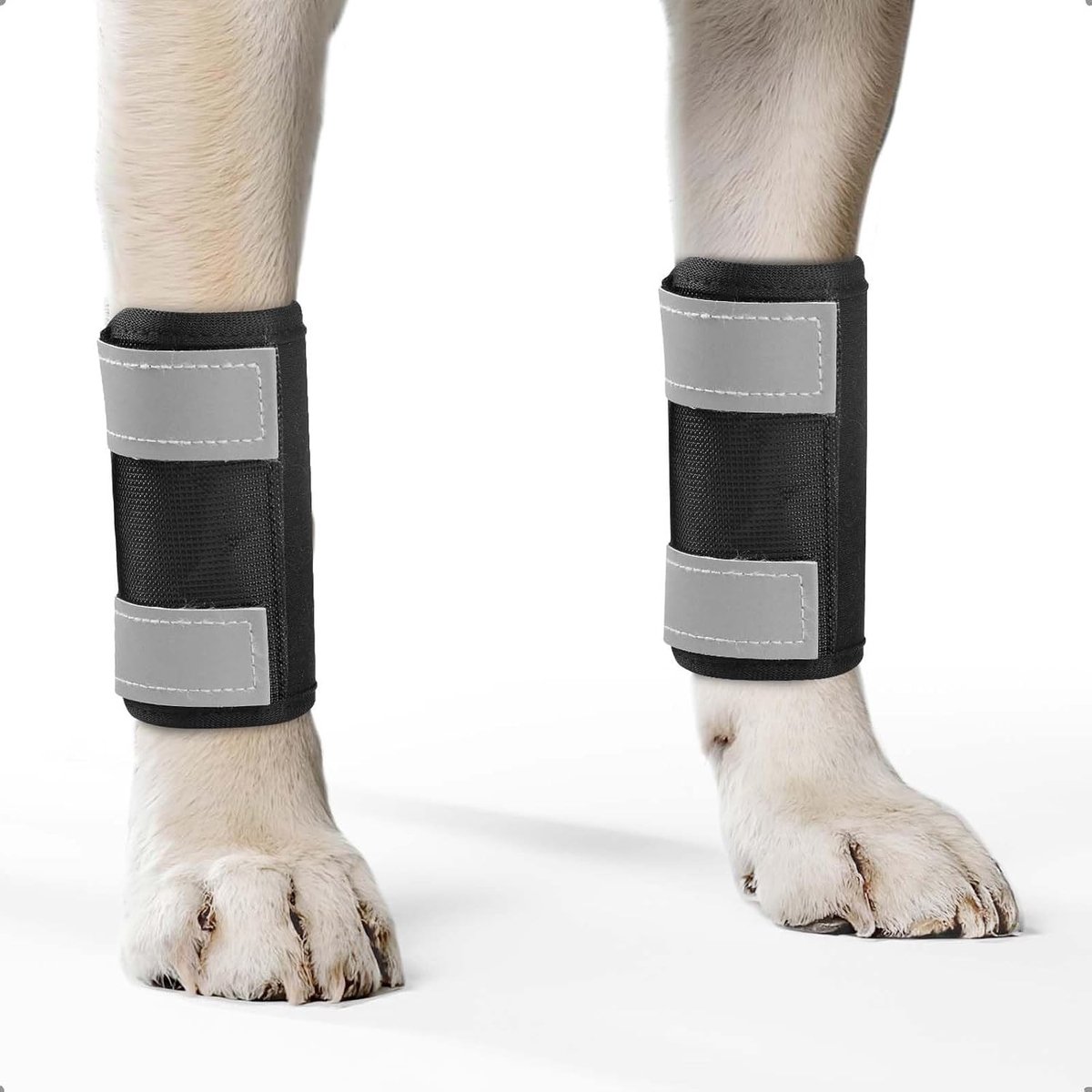 Kniebandage voor Honden, Set van 2 met Reflecterende Bandjes, Antislip Verband voor Voorpoten, Gewrichtsondersteuning bij Wonden en Verst sprongen, Maat S