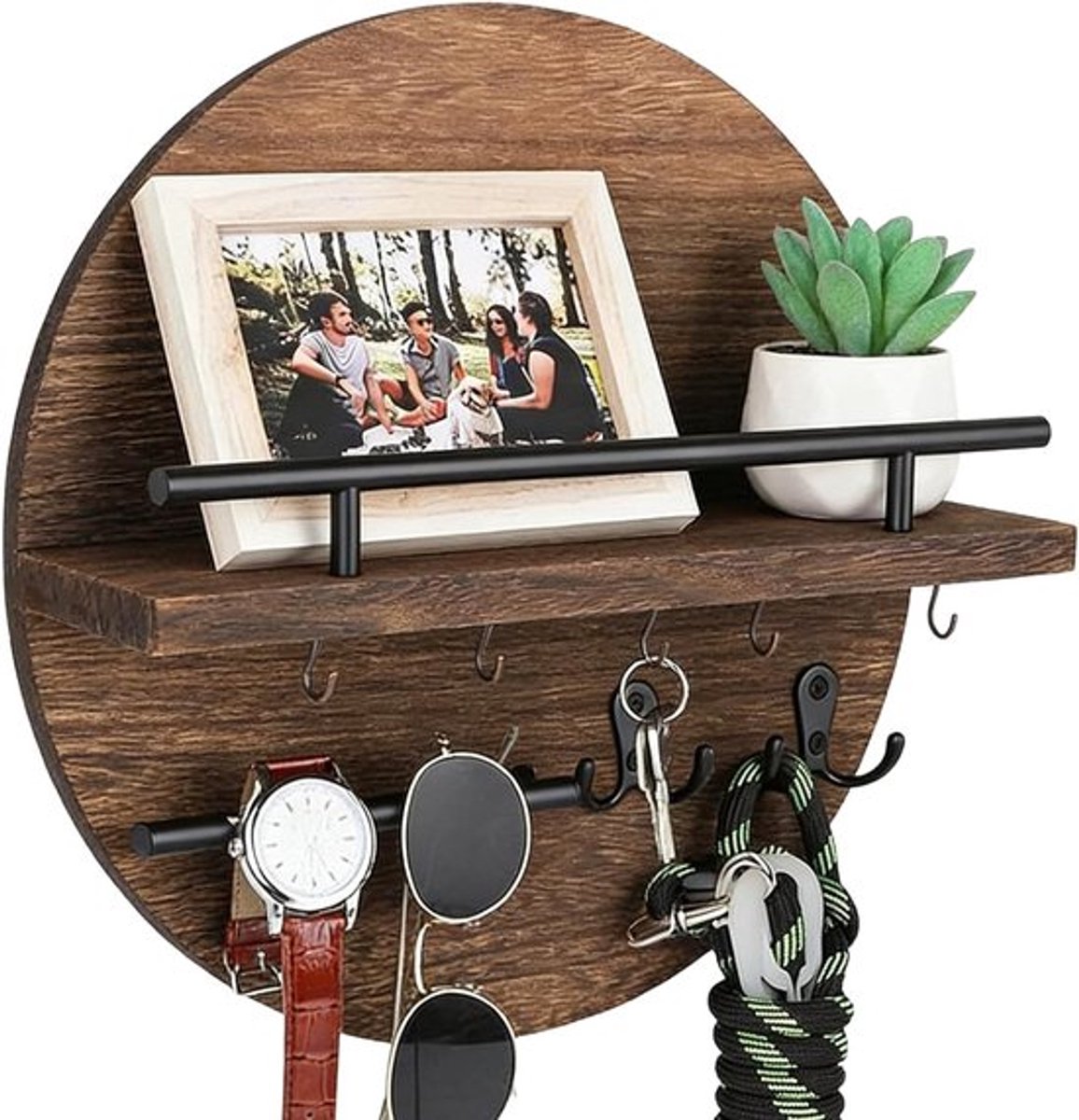 Houten Sleutelkast met Plank en 6 Sleutelhaken voor Woonkamer, Kantoor, Keuken en Hal, Ideaal voor Organisatie en Decoratie