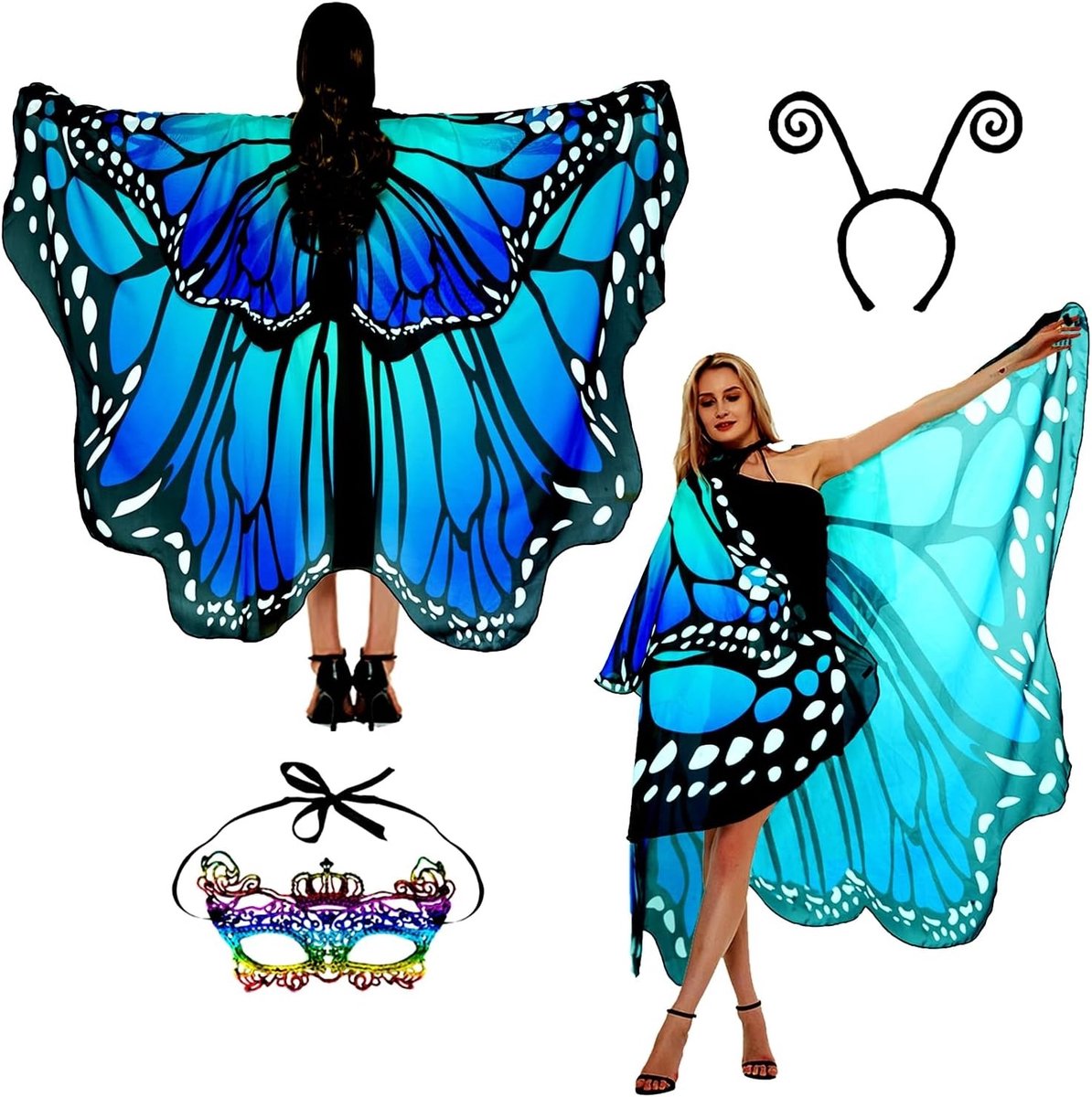 Vleermuis kostuum voor vrouwen met vleugels, cape en accessoires voor carnaval en feesten, inclusief gezichtsmasker en hoofdband