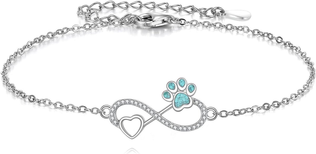 Paw Print Armband - Hondenpoot Armband - Cadeau Geven - Infinity Symbool - 925 Sterling Zilver - Turquoise