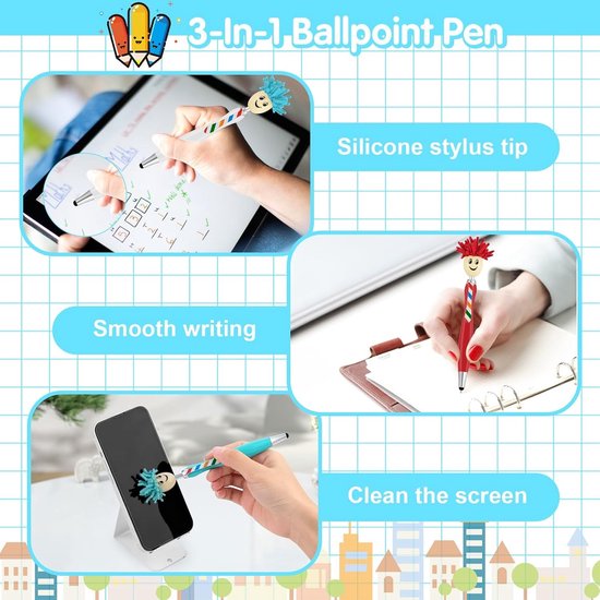 Schermreiniger - Multicolor - 12 Stuks - Microvezel Balpennen met Stylus en Mop - Voor Tablets en Mobiele Telefoons — afbeelding 4