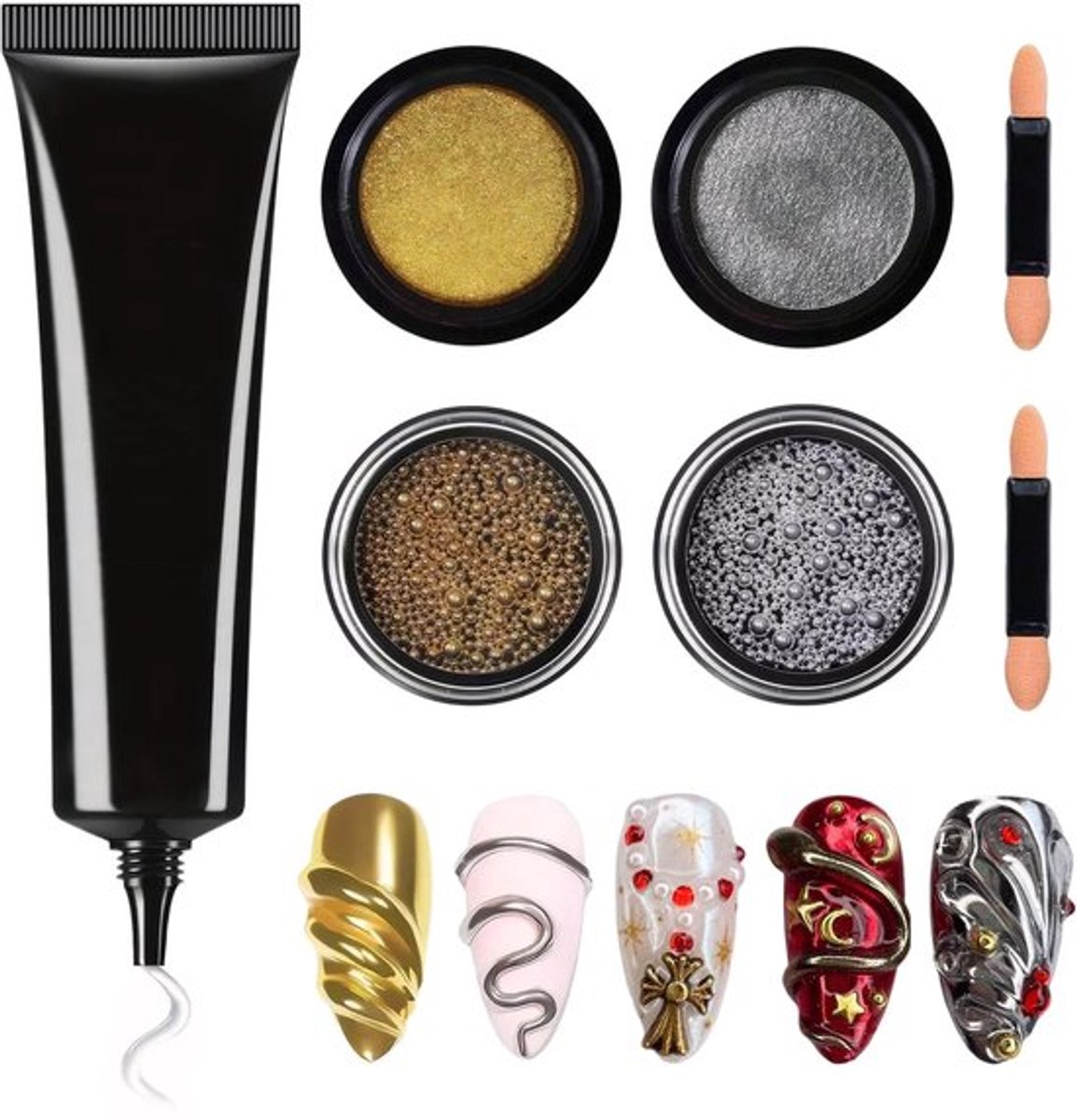 Nagelset - 15 g Sterke Houdformule - 3D Sculpting Nagelgel - Gouden/Zilveren Chroompoeders - Metalen Kralen Charms - Professionele Nageldecoratieset