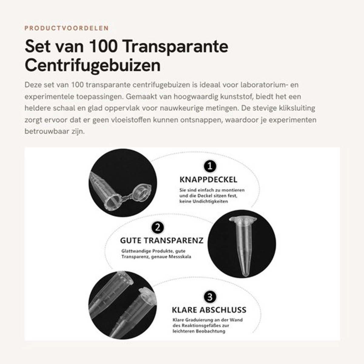 Set van 100 Transparante Centrifugebuizen met Dubbele Sluiting