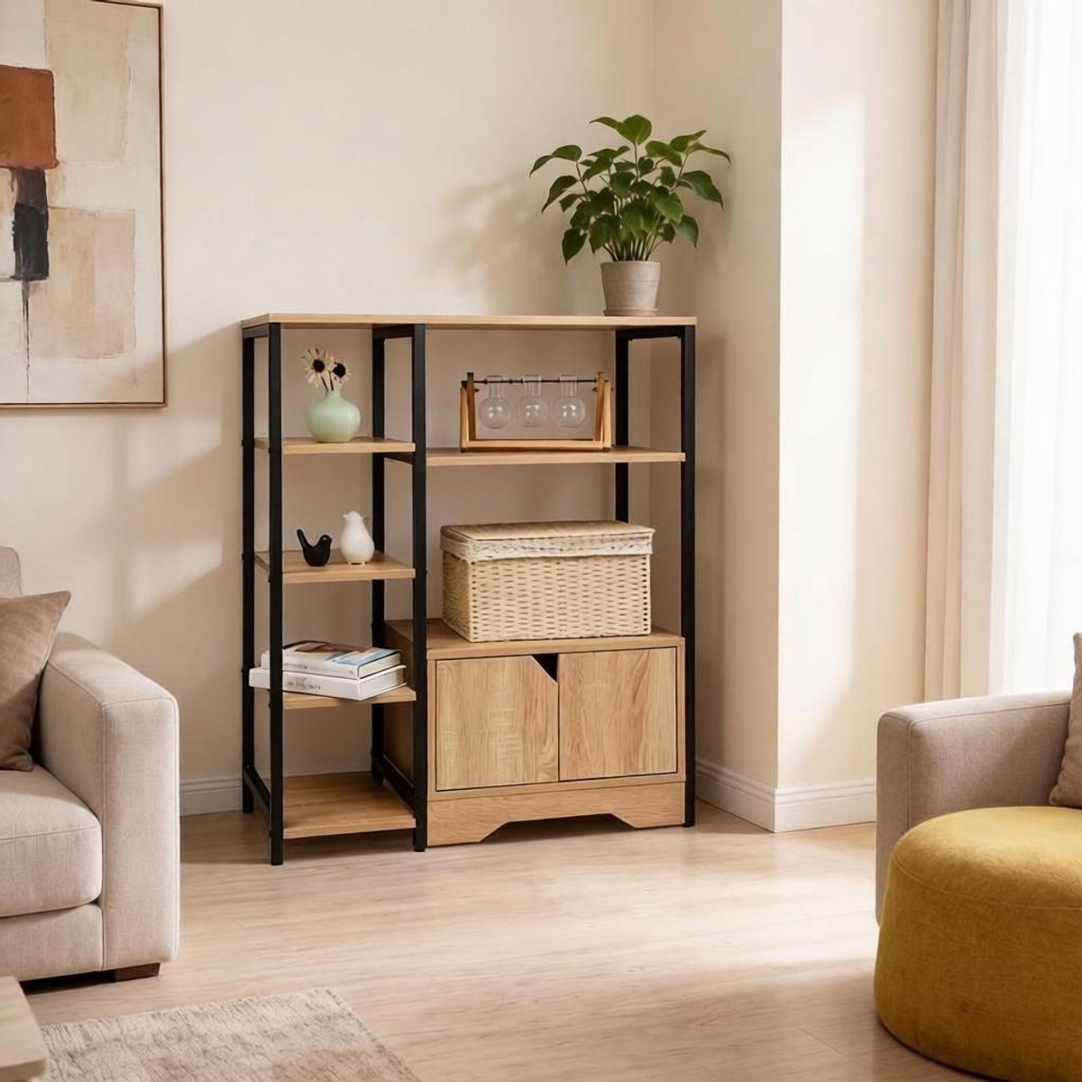 MIVRAY Boekenkast – 2-in-1 Opbergontwerp – 80x35x97 cm – Hout – Licht Eiken – Open En Gesloten Opbergruimte Voor Woonkamer En Werkkamer