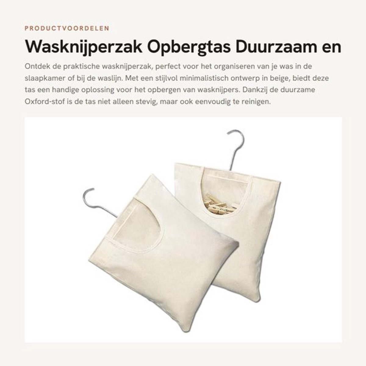 Wasknijperzak Duurzaam - Wasknijpertas - Opbergtas - Hangende Wasknijperzak - 2 Stuks - 27 x 32 cm - Beige