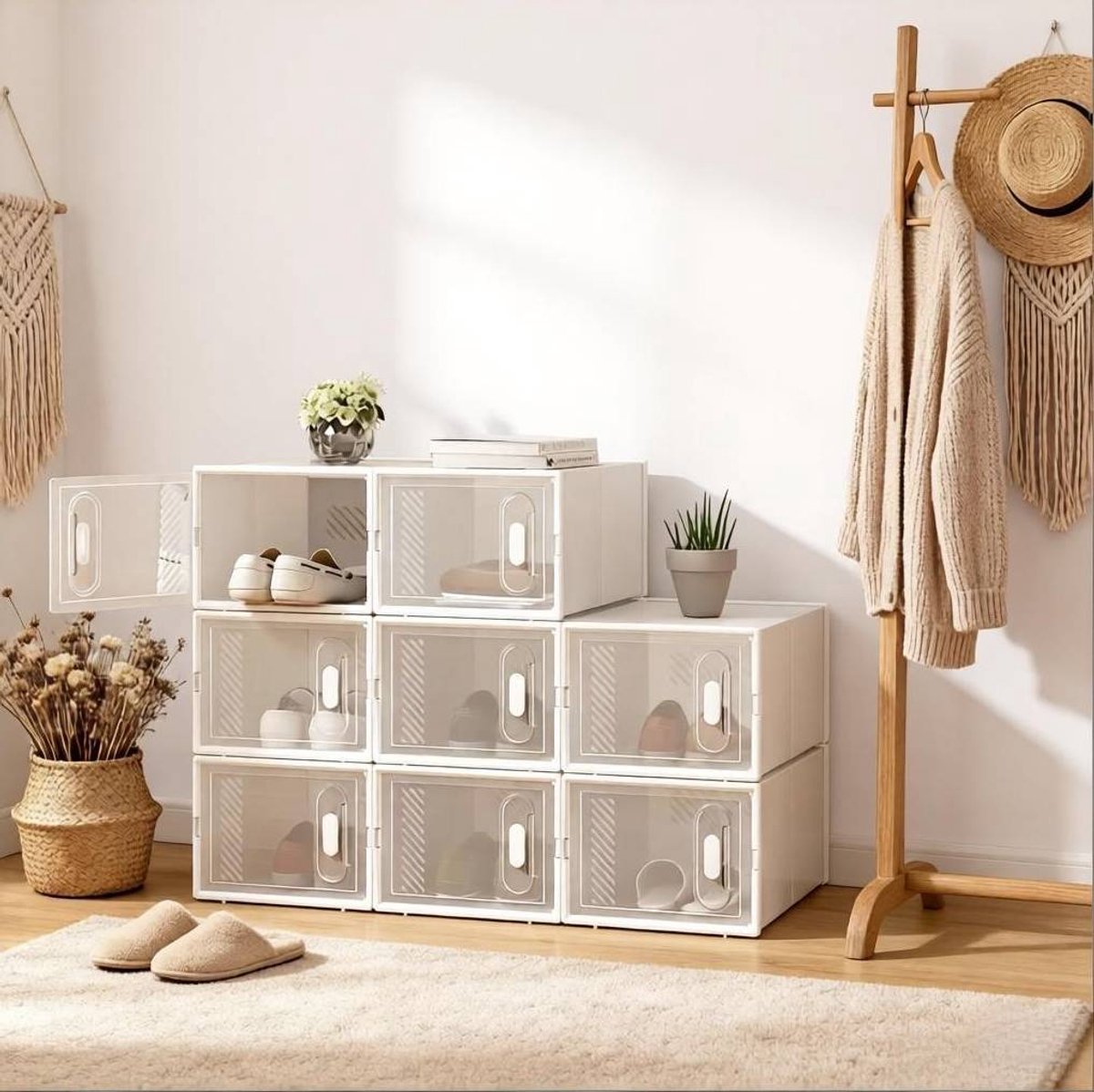 Wishdor Schoenenopbergbox 8-delig - Stapelbaar modulair - Transparant/wit - Kunststof - Voor schoenen en kleine spullen - 25 x 18,5 x 35,5 cm