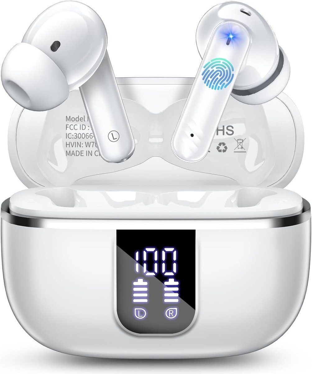Draadloze Bluetooth-hoofdtelefoon - Wit - Hifi-stereo - Met 4 microfoon-ruisonderdrukking en 46 uur speeltijd