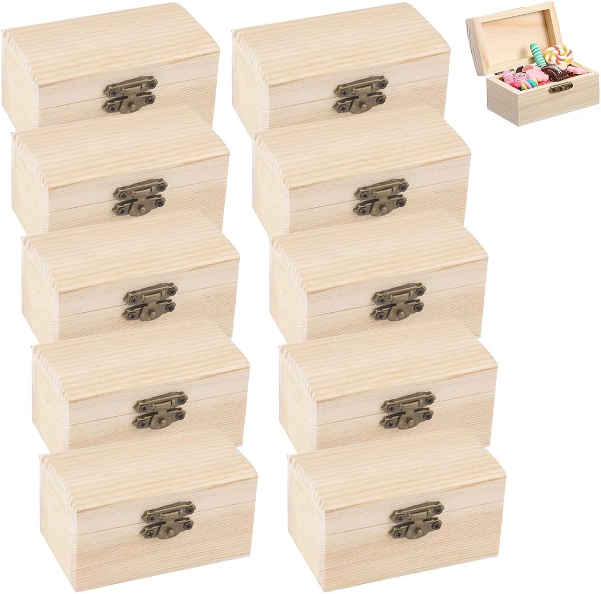 Mini Houten Schatkist Set van 10 Stuks, DIY Sieradenbox met Deksel, Perfect voor Opslag en Creatieve Projecten