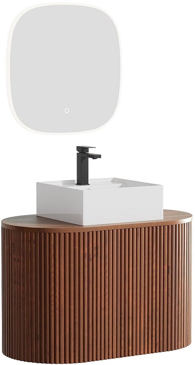 Vente-unique Zwevend teakhouten badkamermeubel met ronde opbouwwastafel, kraan en spiegel - Natuurlijk donker - 90 cm - TOWARI