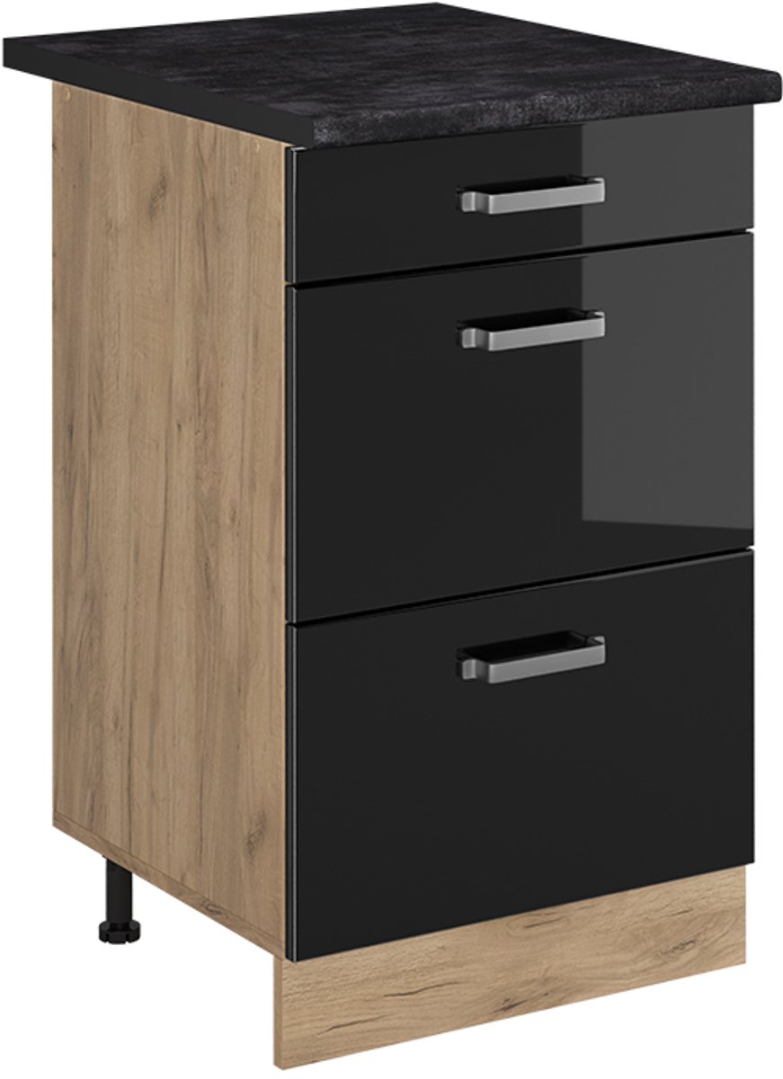Vicco Keukenonderkast R-Line, Zwart hoogglans/Goudkleurig Eiken, 50 cm antraciet werkblad