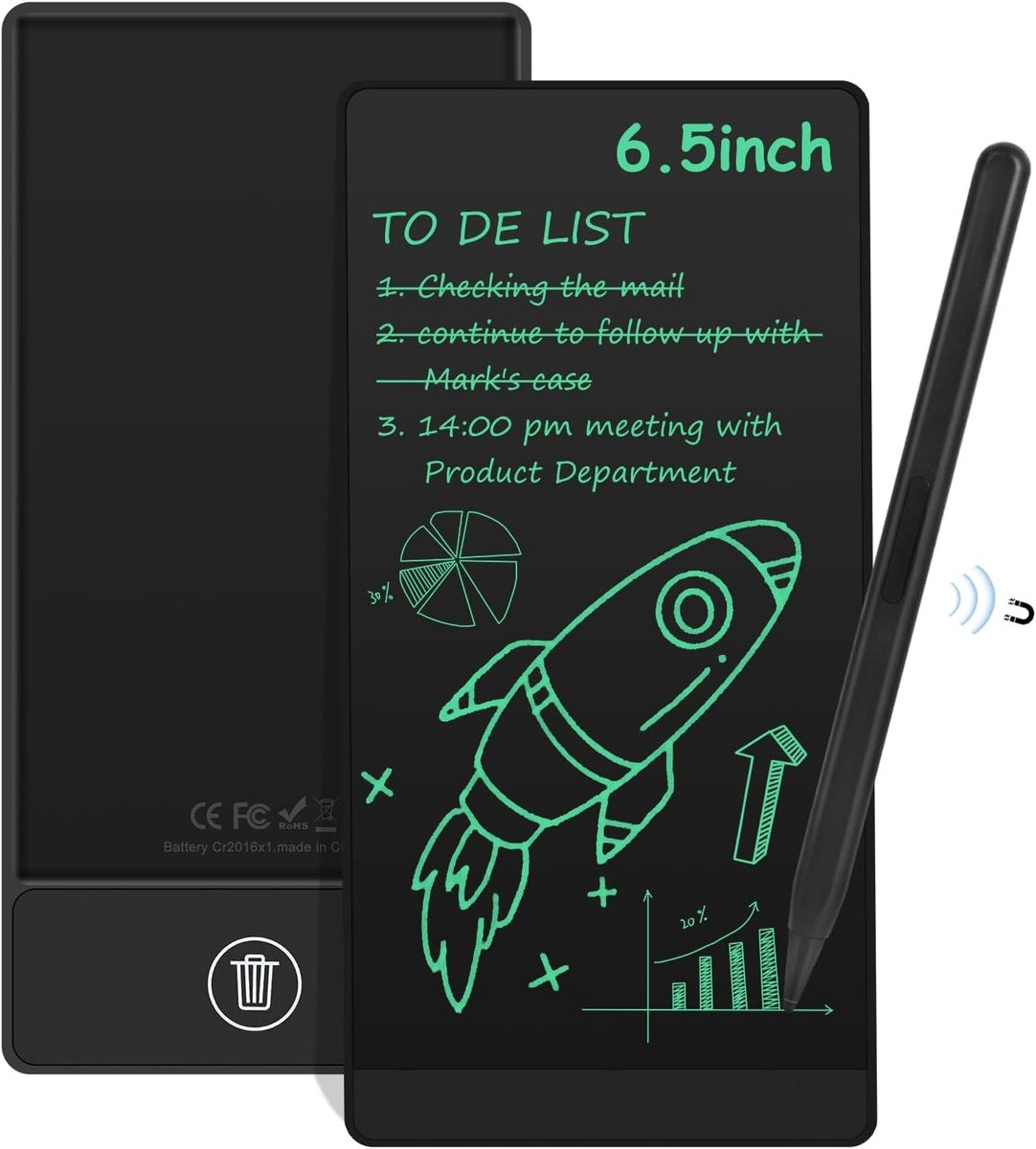 Digitaal notitieblok - Zwart - 6,5 inch - Draagbaar LCD-schrijfbord met magnetische pen - Voor volwassenen en kantoorgebruik
