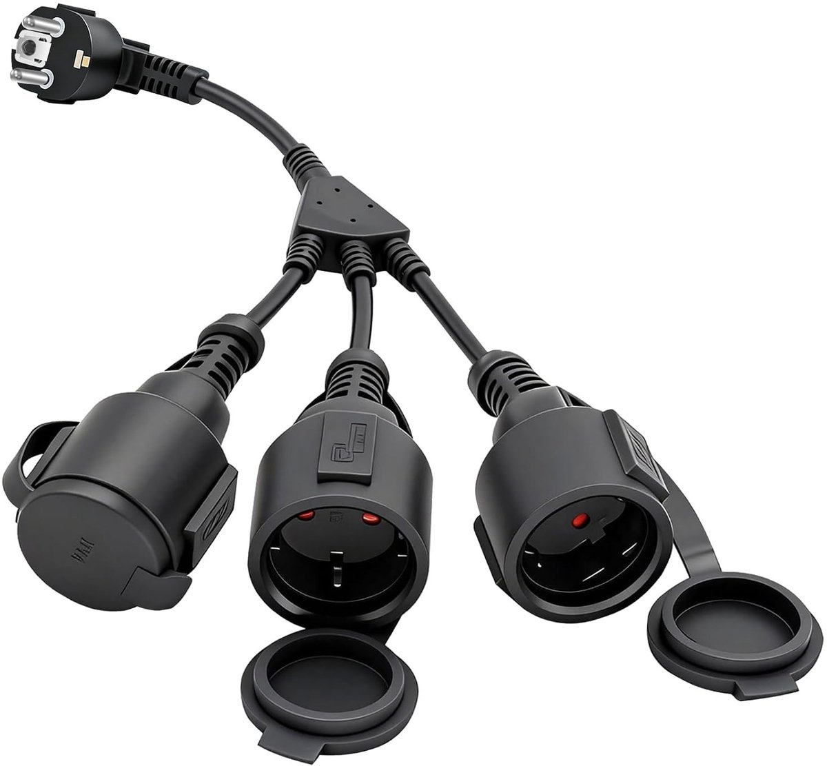 Splashproof 3-Way Socket Splitter met 34 cm Kabel en Deksel voor Buitengebruik - Ideaal voor Tuin, Terras en Kamperen met 3 Stopcontacten