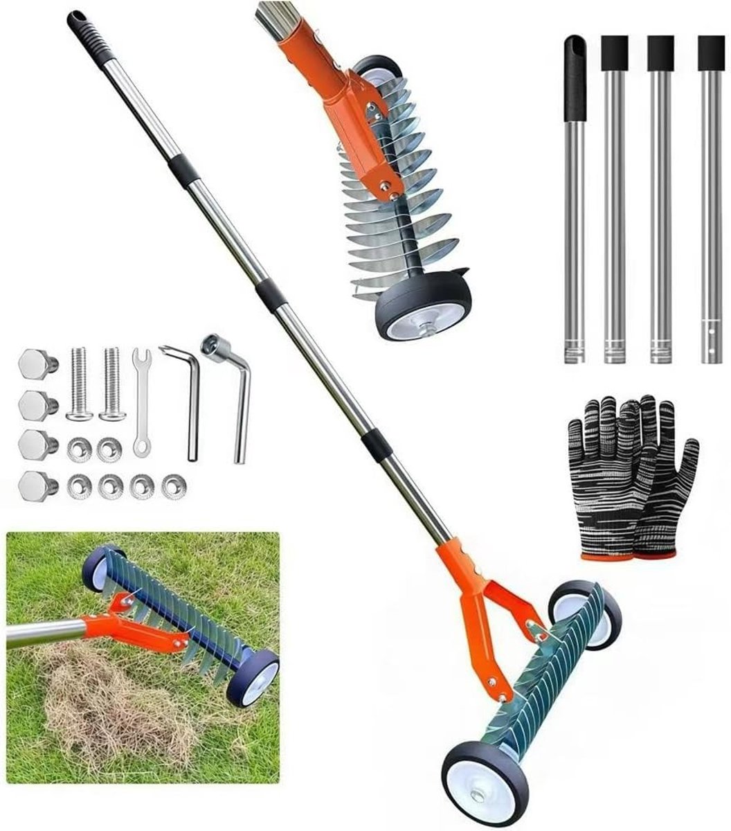 Handverticuteermachine met wielen - Oranje - 165 cm - Verstelbare Tuinhark met Metalen Snijhark - Voor Tuinonderhoud