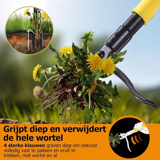 Onkruidsteker met Lange Steel - 4 RVS Klauwen - Uitwerpsysteem - 109 cm - Wieden Zonder Bukken — afbeelding 4