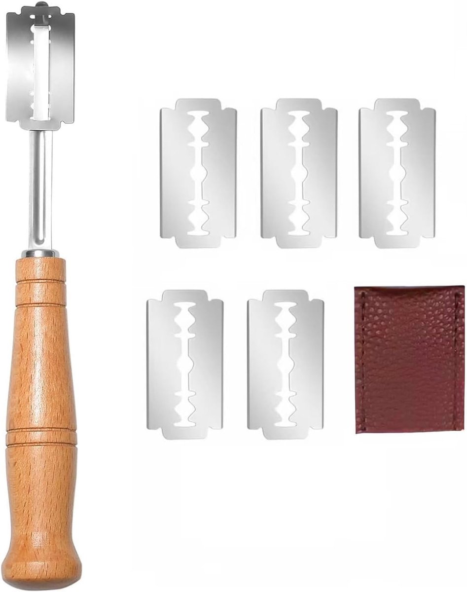 Deegmesje - Zwart - 5 Bladen + Lederen Hoes - Bakkerijmes Set voor Diverse Broodsoorten