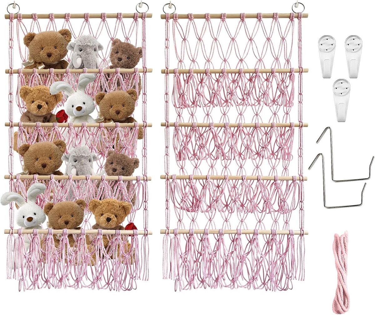 Opbergnet voor Pluche Speelgoed, 4 Laags Macramé Hangmat met 2 Haken voor Knuffeldieren en Teddyberen, Decoratie voor Kinderkamer