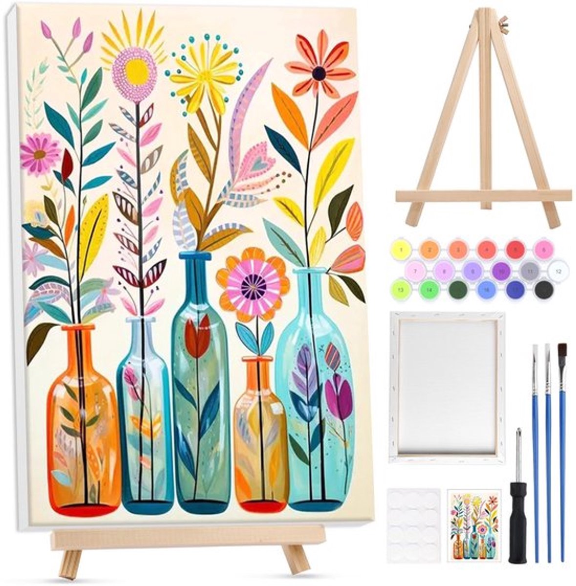 Lxmsja Schilderen op nummer, bloem voor volwassenen, met lijst, schilderen op nummer, bloemen met houten schildersezel, doe-het-zelf set, volwassenen, met kwasten en acrylverf, handgeschilderd,