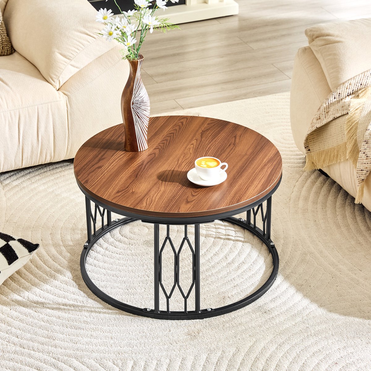 DESMIU Salontafel Ronde Couchtafel Met Houtlook En Metalen Frame Modern Voor Woonkamer En Bijzettafel MDF Walnoot 70x40 5 Cm