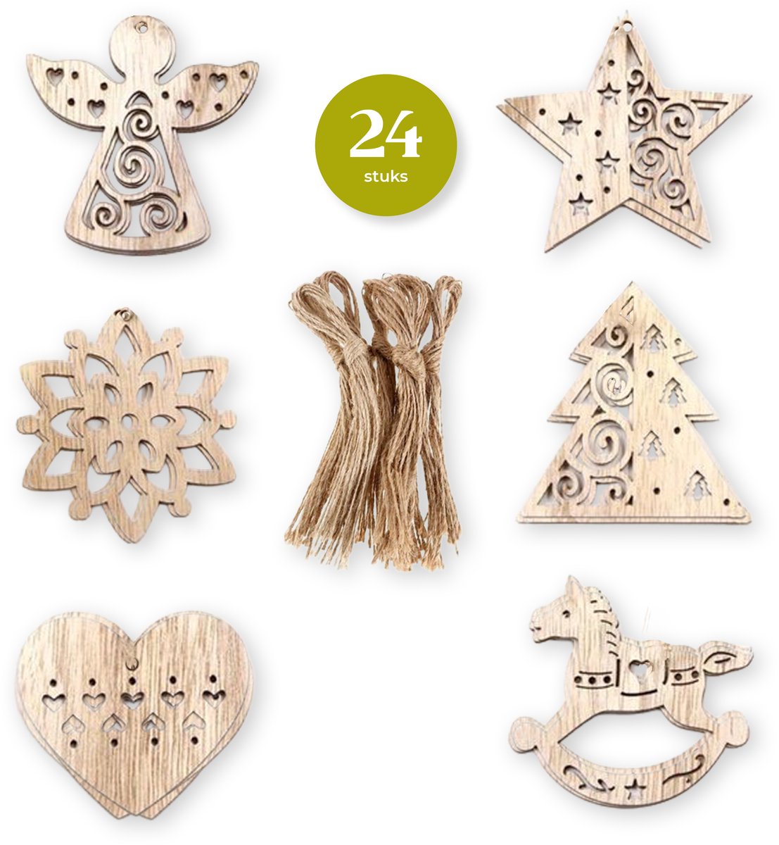 Giftmas Houten Kerstballen – Kerstbal Hout – Kerstversiering voor Binnen – Kerstboomversiering – Kerstboomhangers – Kerst Figuurtjes – 6 Vormen - ⌀6,5cm – 24 Stuks Naturel