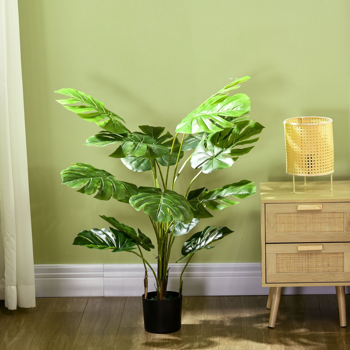 MIVRAY Kunstplant – Realistische Monstera – 120 cm – Kunststof – Groen – Met Zwarte Pot En Kunstmos – Voor Binnen En Buiten