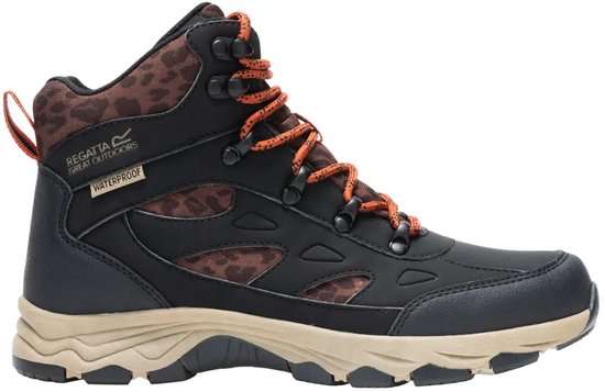 Zwarte wandelschoen voor dames, zijkant, met oranje veters, bruine luipaardprint en beige zool.