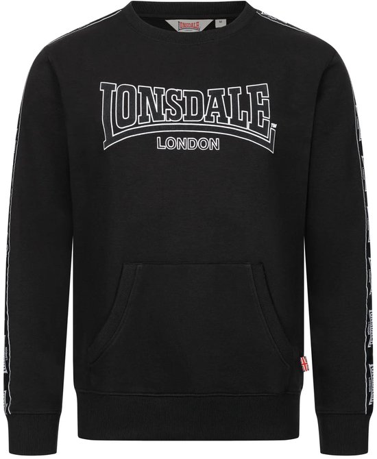 Zwarte Lonsdale sweatshirt met wit logo op borst en bedrukte taping langs de mouwen.