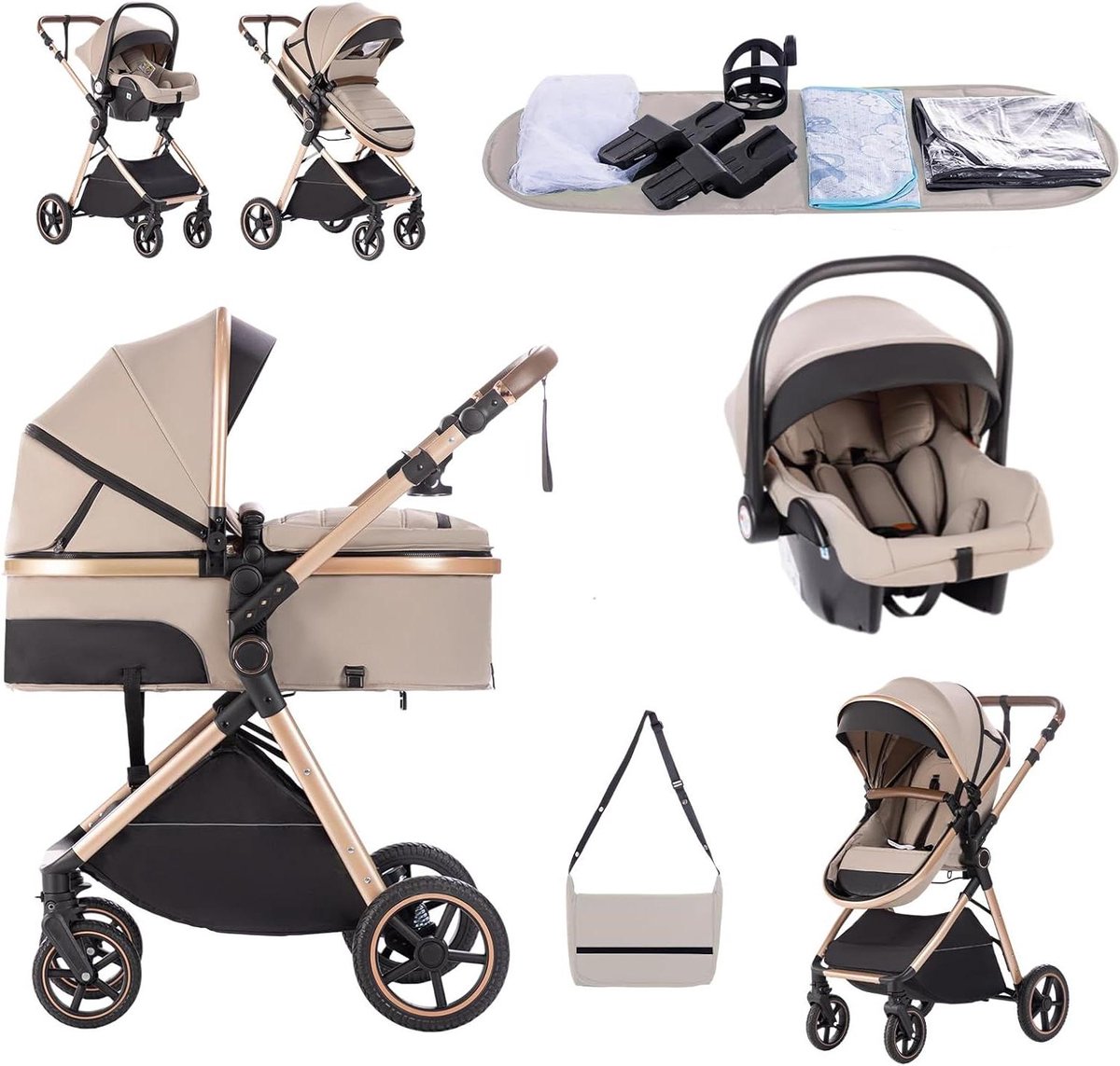 Kinderwagen 3-in-1 - Combi kinderwagen - Veilig op pad - Inclusief Isofix Base - 0 tot 4 jaar - Beige