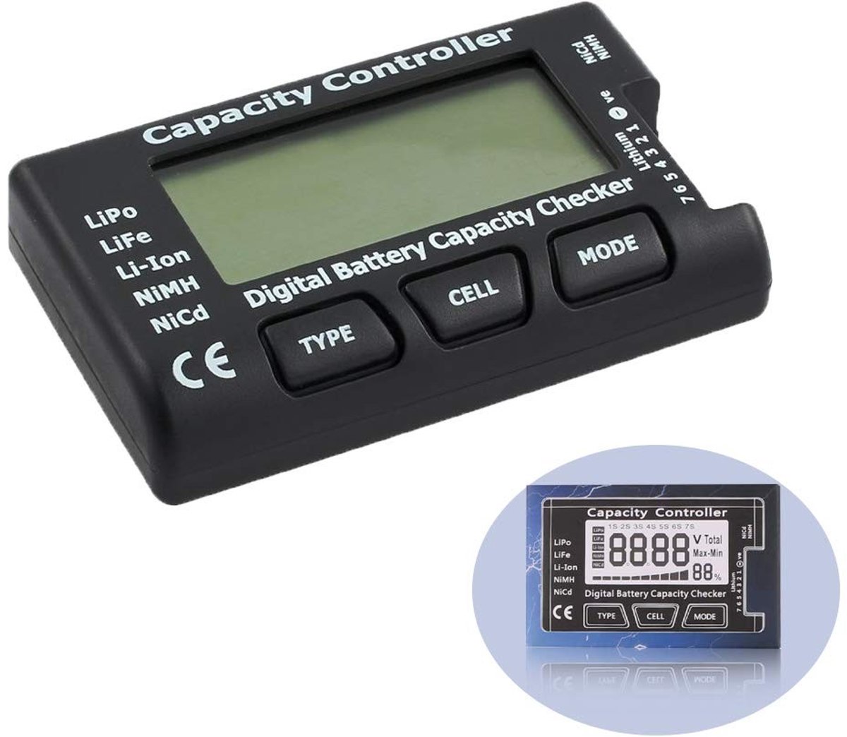 Batterijtester - Zwart - 84 x 50 x 16 mm - Digitale Celspanningmeter voor LiPo, LiFe, Li-ion, NiCd en NiMH Batterijen