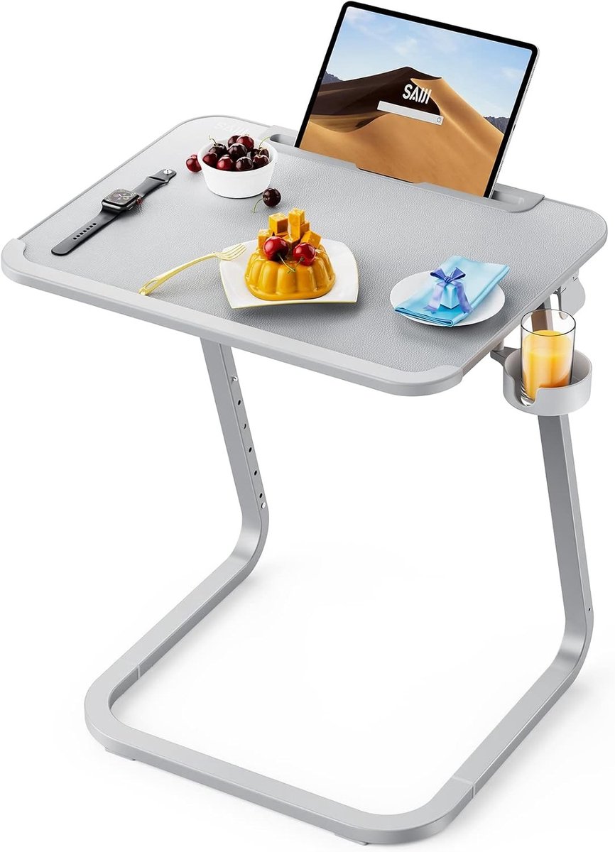 Bedtafeltje voor op bed - Grijs - Verstelbaar 55 x 39 cm - Metalen Frame en PVC-leer - Multifunctioneel Laptopbureau