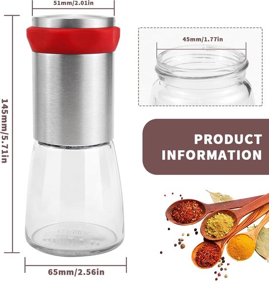 Handmatige Specerijmolen van RVS en Glas, Keramische Molen voor Fijne en Grove Specerijen en Chili, Perfect voor Keuken en Koken — afbeelding 5