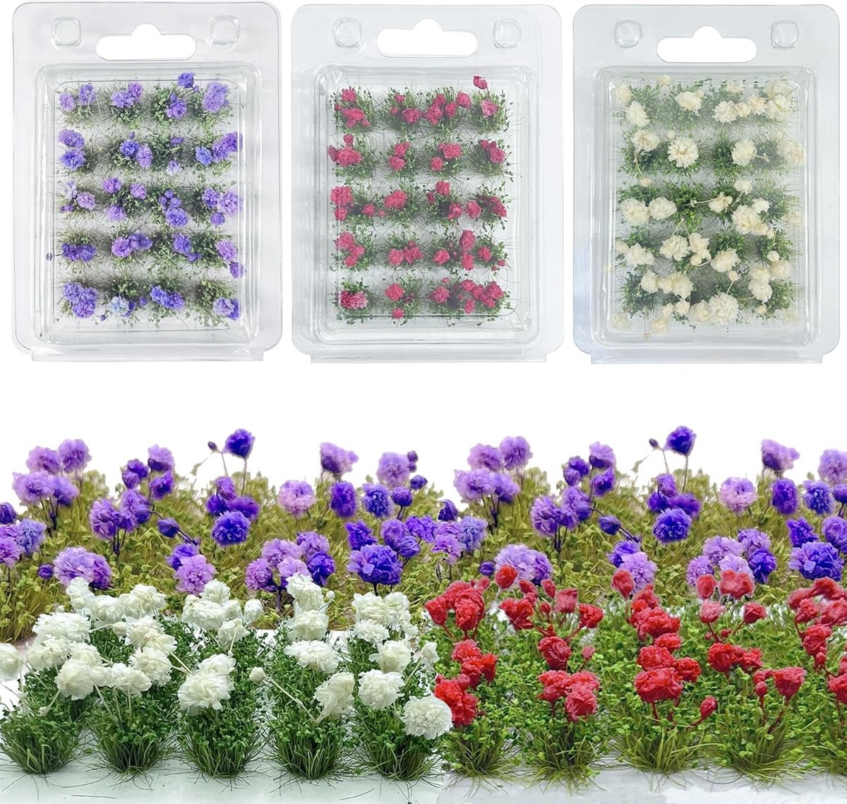 Bloemen en Gras Bundel voor Modelbouw, Tafelopstellingen en Diorama's - Static Grass, Miniatuur Ornamenten en Landschapsdecoratie in 3 Kleuren